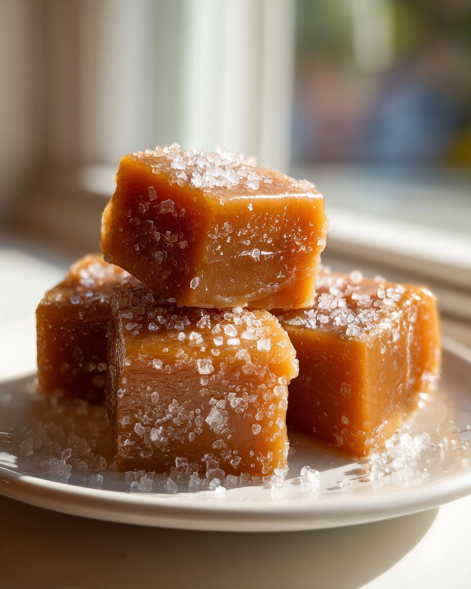 Close-up of four soft sea salt caramels stacked on a white plate, glistening with coarse salt crystals.