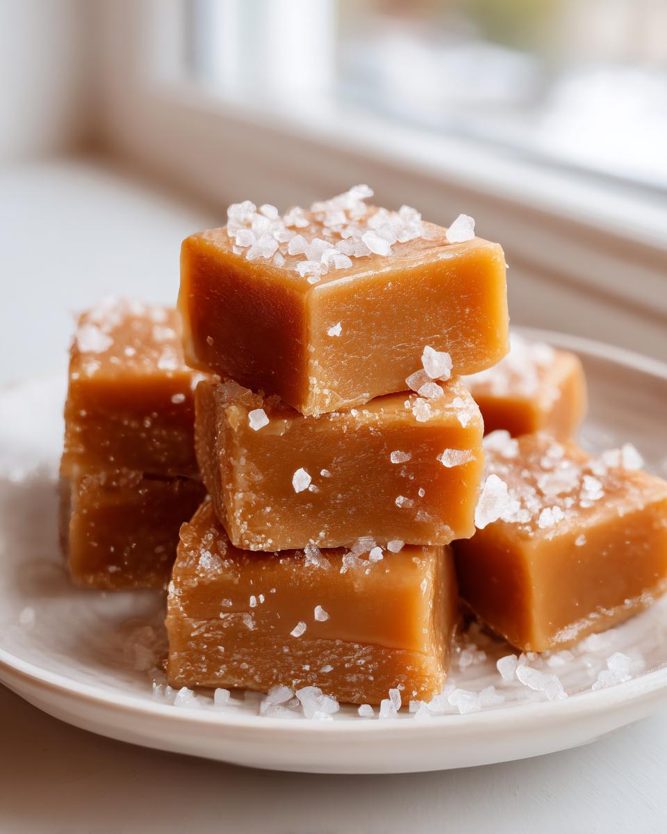 Close-up of soft sea salt caramels stacked on a white plate, sprinkled generously with flaky sea salt.
