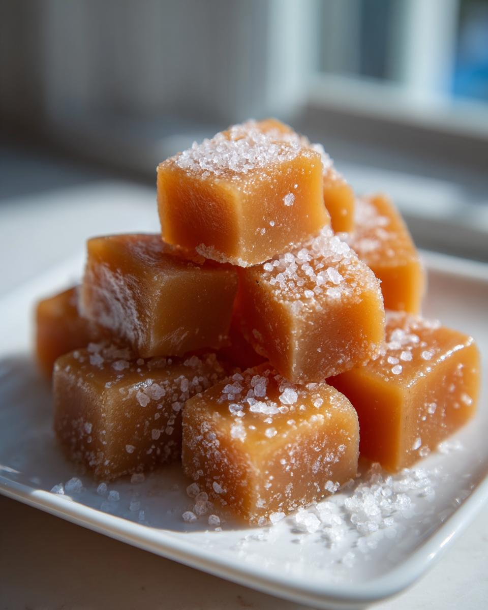 A stack of soft sea salt caramels sprinkled generously with flaky sea salt, resting on a white dish.