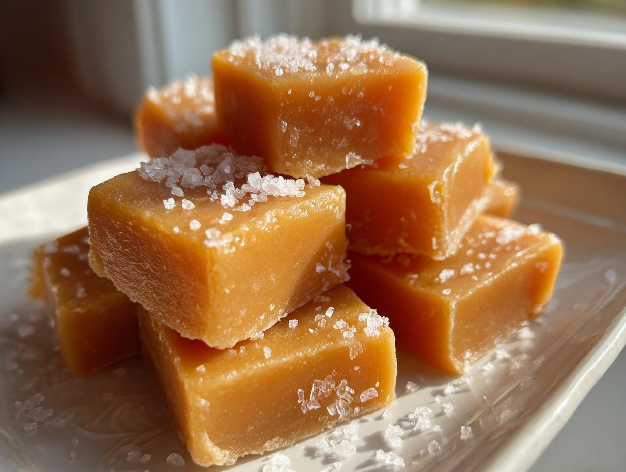 A close-up stack of soft sea salt caramels, glistening and topped with flaky salt crystals.