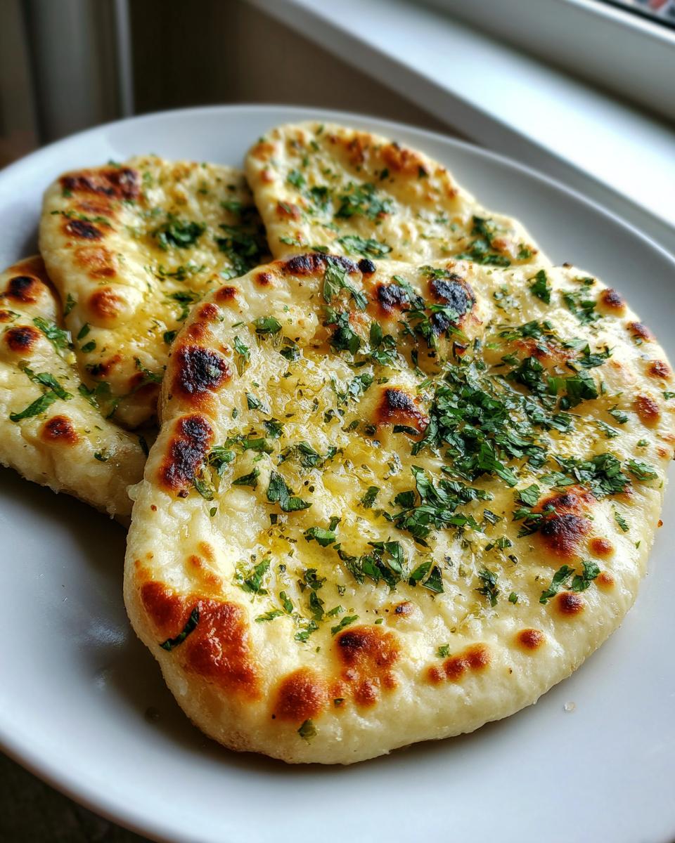 Close-up of three pieces of soft, skillet-cooked naan bread brushed with butter and topped with fresh chopped cilantro.