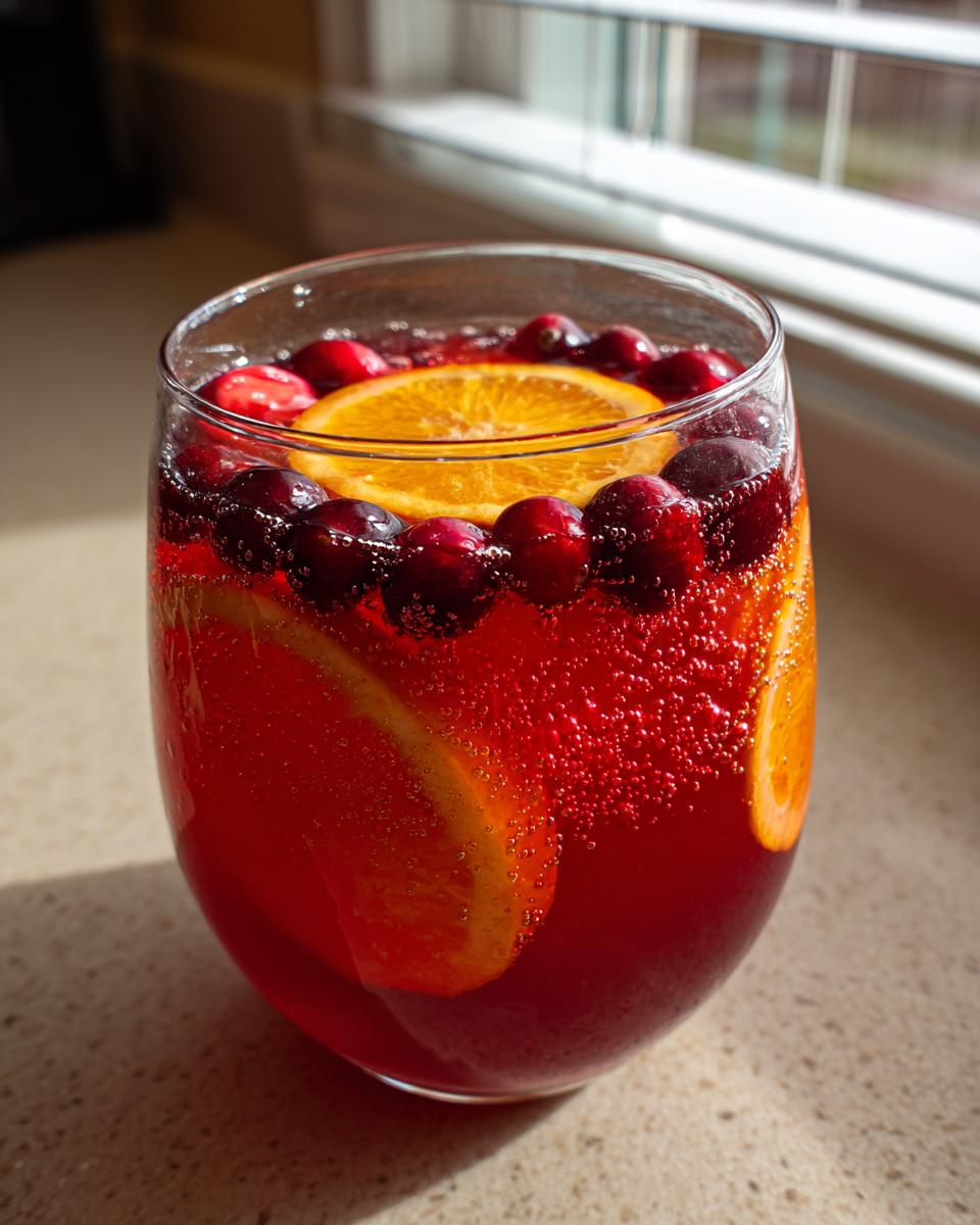 Close-up of a glass filled with red, bubbly Thanksgiving punch garnished with fresh cranberries and orange slices.