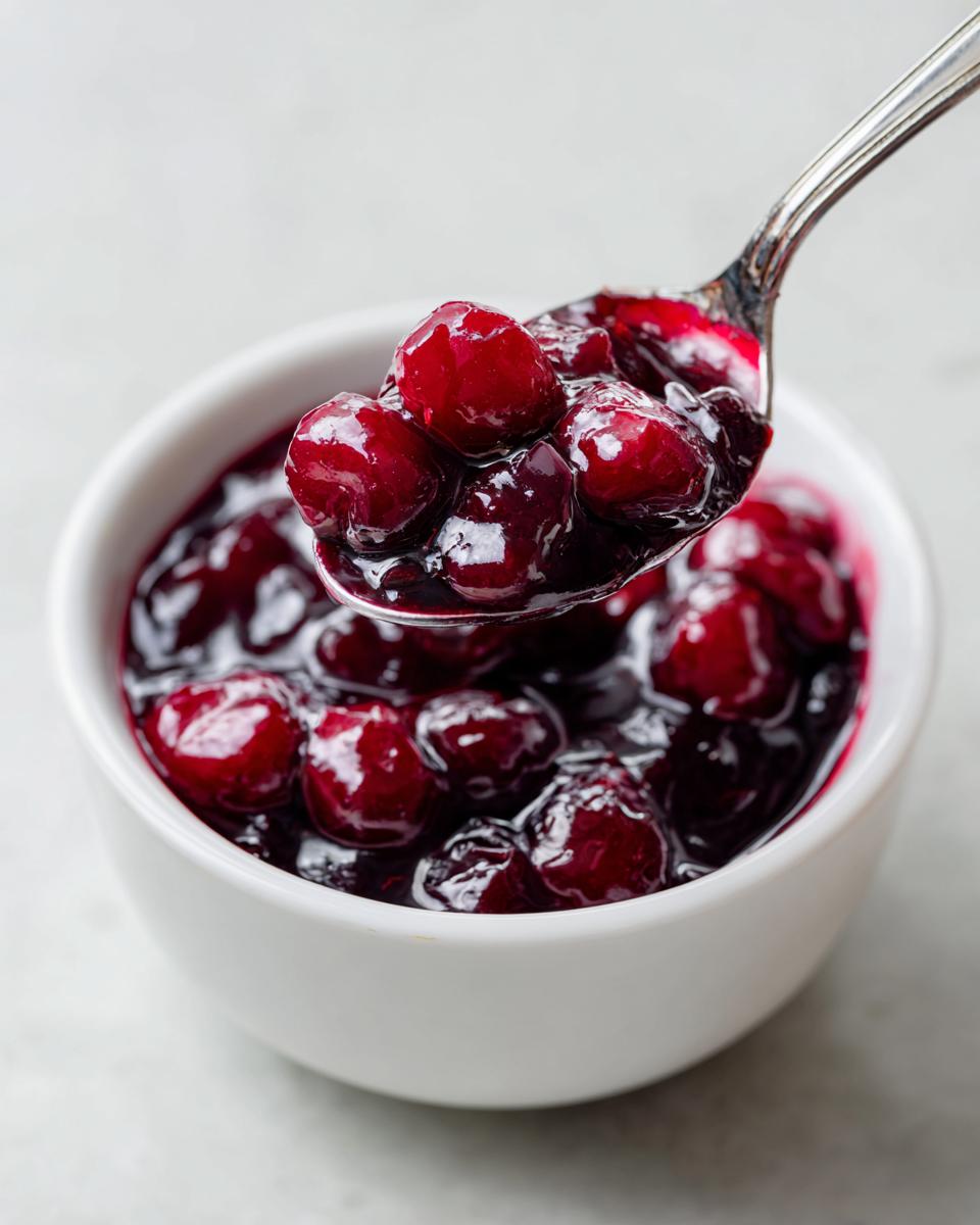 A spoonful of glossy, rich cherry pie filling being lifted from a small white bowl.