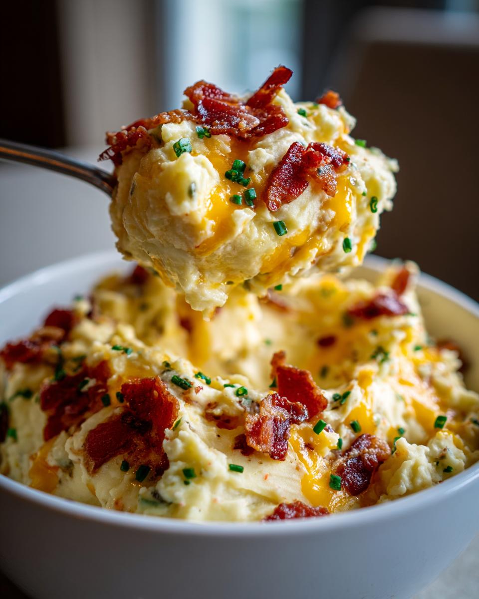 A spoonful of creamy loaded mashed potatoes topped with melted cheddar cheese, crispy bacon bits, and fresh chives being lifted from a white bowl.