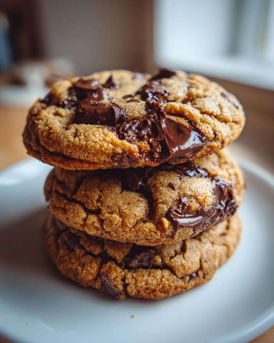 A stack of three thick, chewy brown butter chocolate chip cookies with melted chocolate chunks.