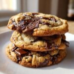 A stack of three thick, chewy brown butter chocolate chip cookies with melted chocolate pools and sea salt.