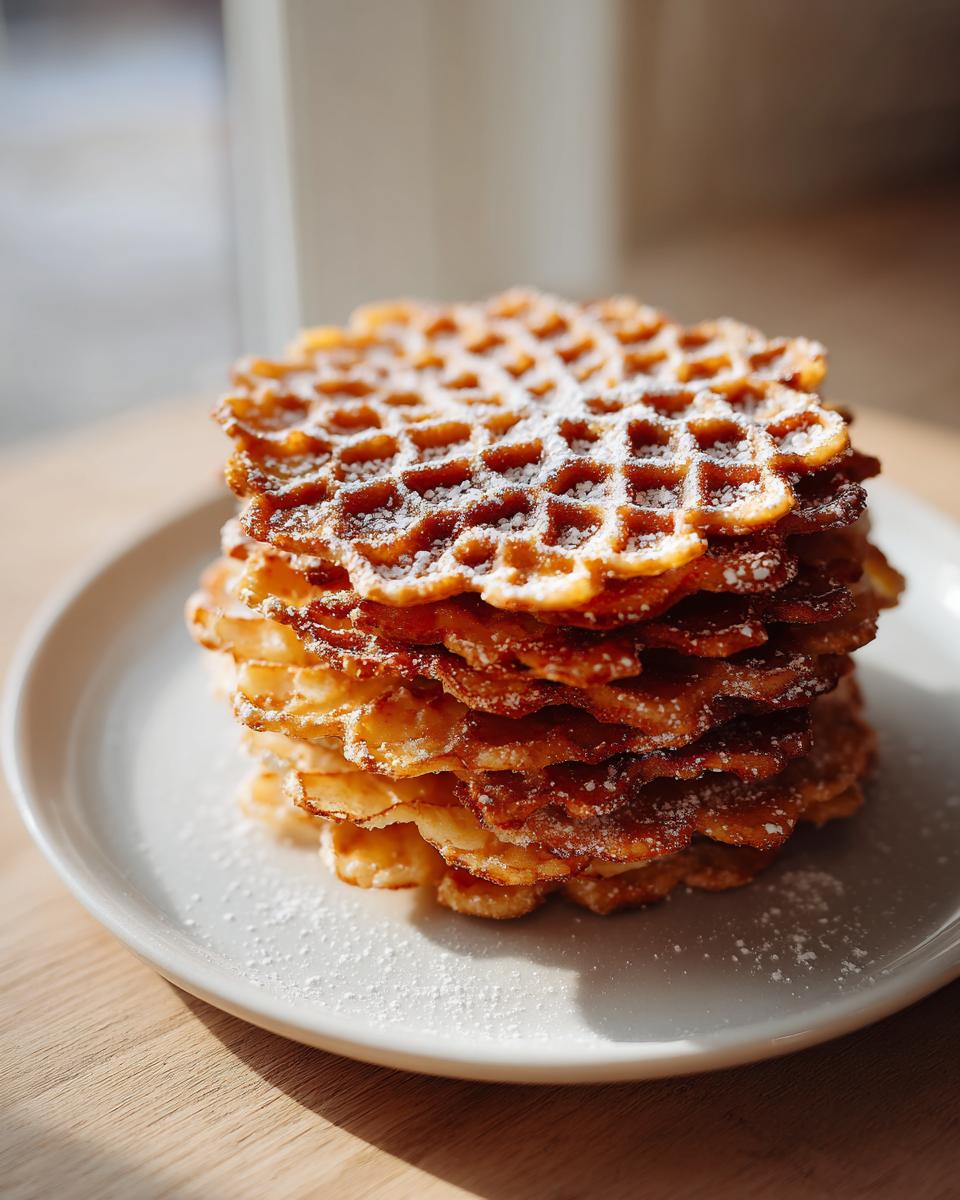 A tall stack of golden, crisp pizzelle cookies dusted with powdered sugar on a light plate.