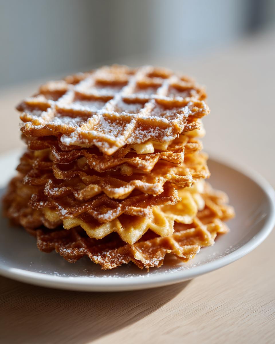 A tall stack of golden brown, crispy pizzelle cookies dusted lightly with powdered sugar on a white plate.