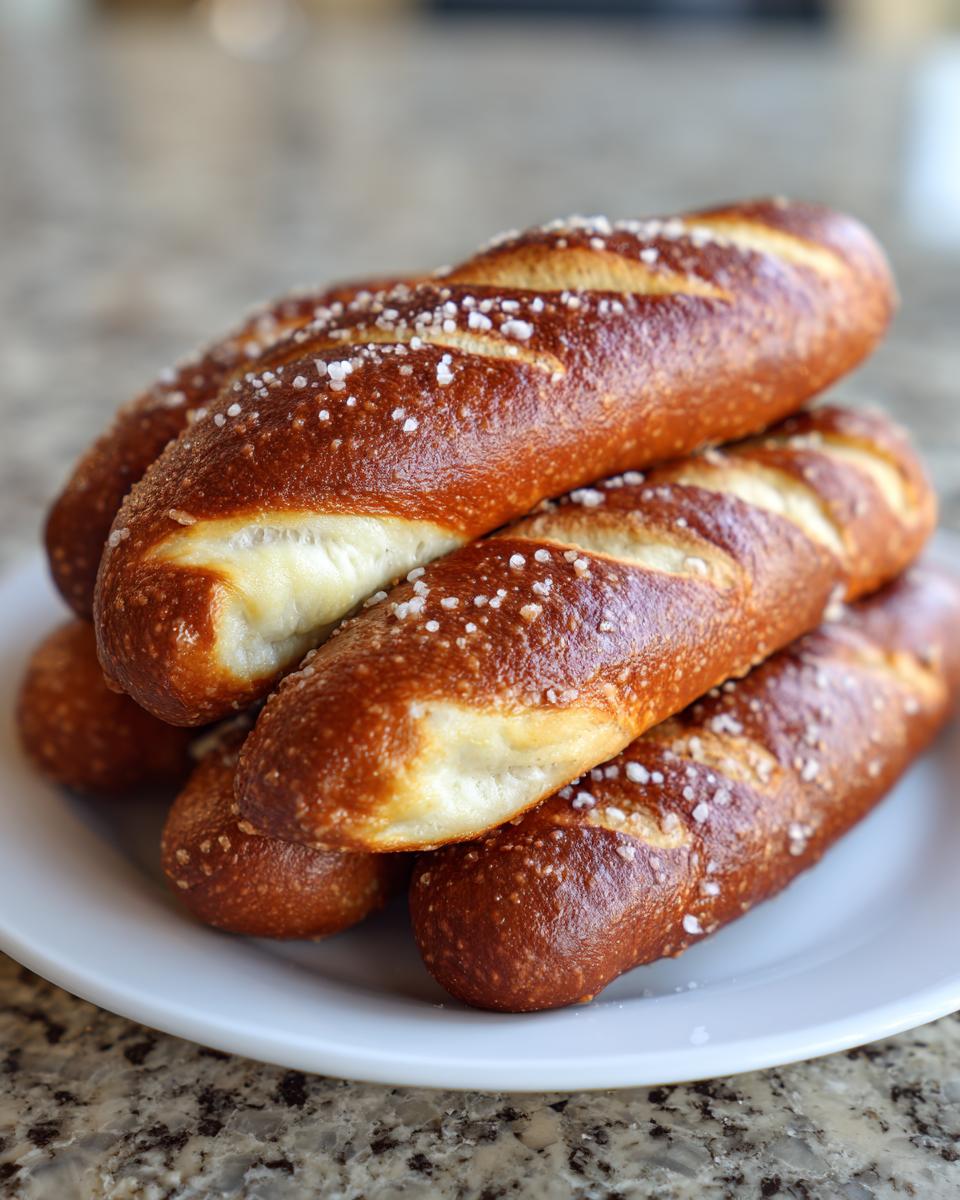 A close-up stack of freshly baked pretzel dogs, featuring a deep brown, shiny crust and coarse salt crystals.