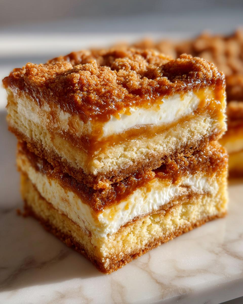 Two stacked, rich apple cheesecake bars featuring a creamy layer, apple filling, and a brown sugar crumble topping.