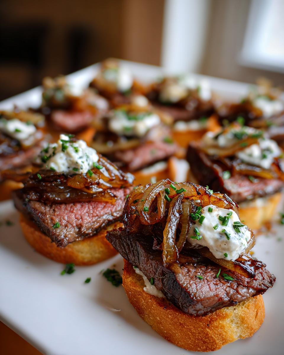 Close-up of gourmet steak crostini bites topped with medium-rare steak, caramelized onions, and creamy horseradish sauce.