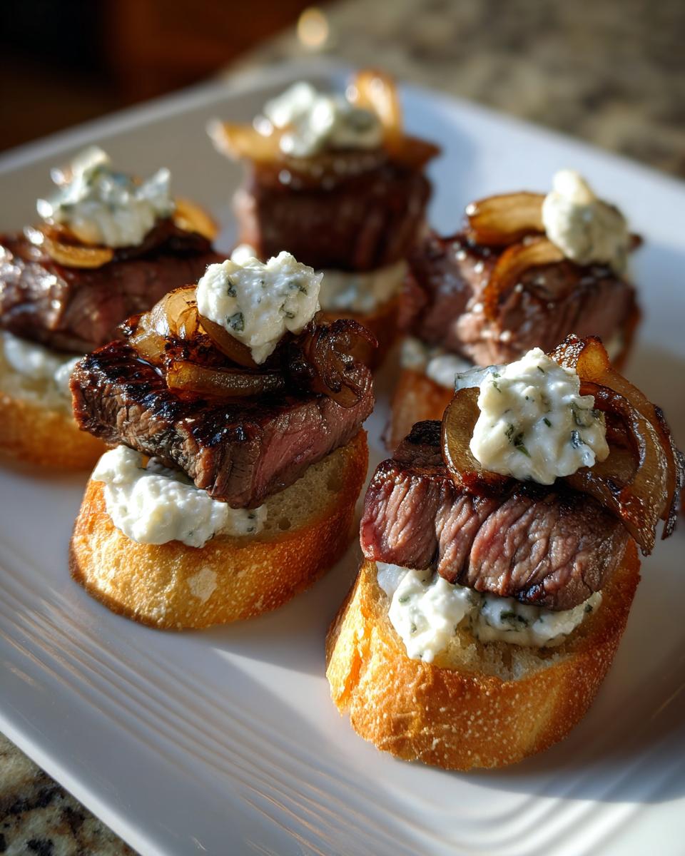 Four pieces of steak crostini topped with seared steak, caramelized onions, and blue cheese crumbles on a white platter.
