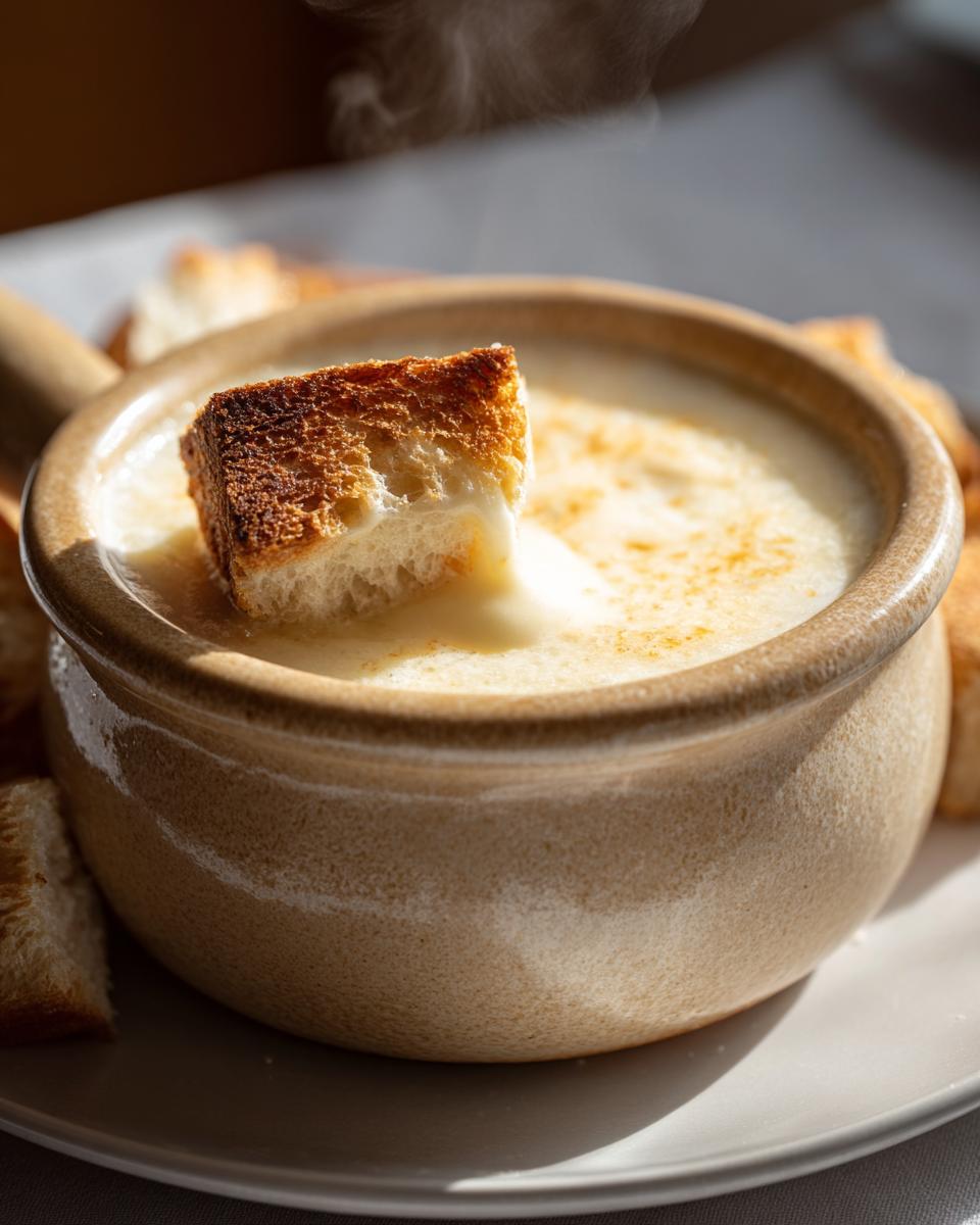 A piece of toasted bread being dipped into a steaming pot of creamy cheese fondue.
