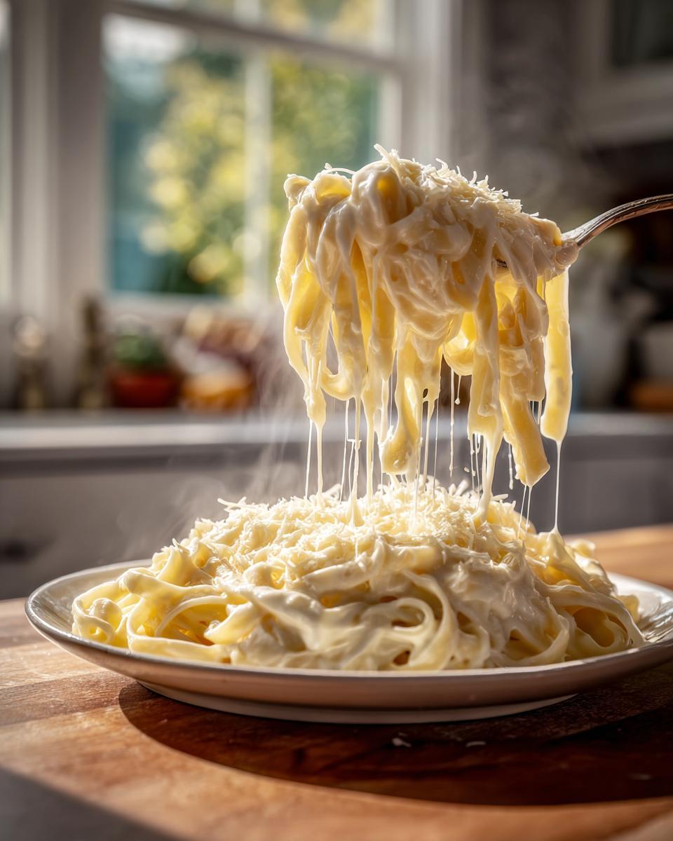 A fork lifts steaming fettuccine noodles coated in rich Olive Garden Alfredo Sauce, topped with grated cheese.