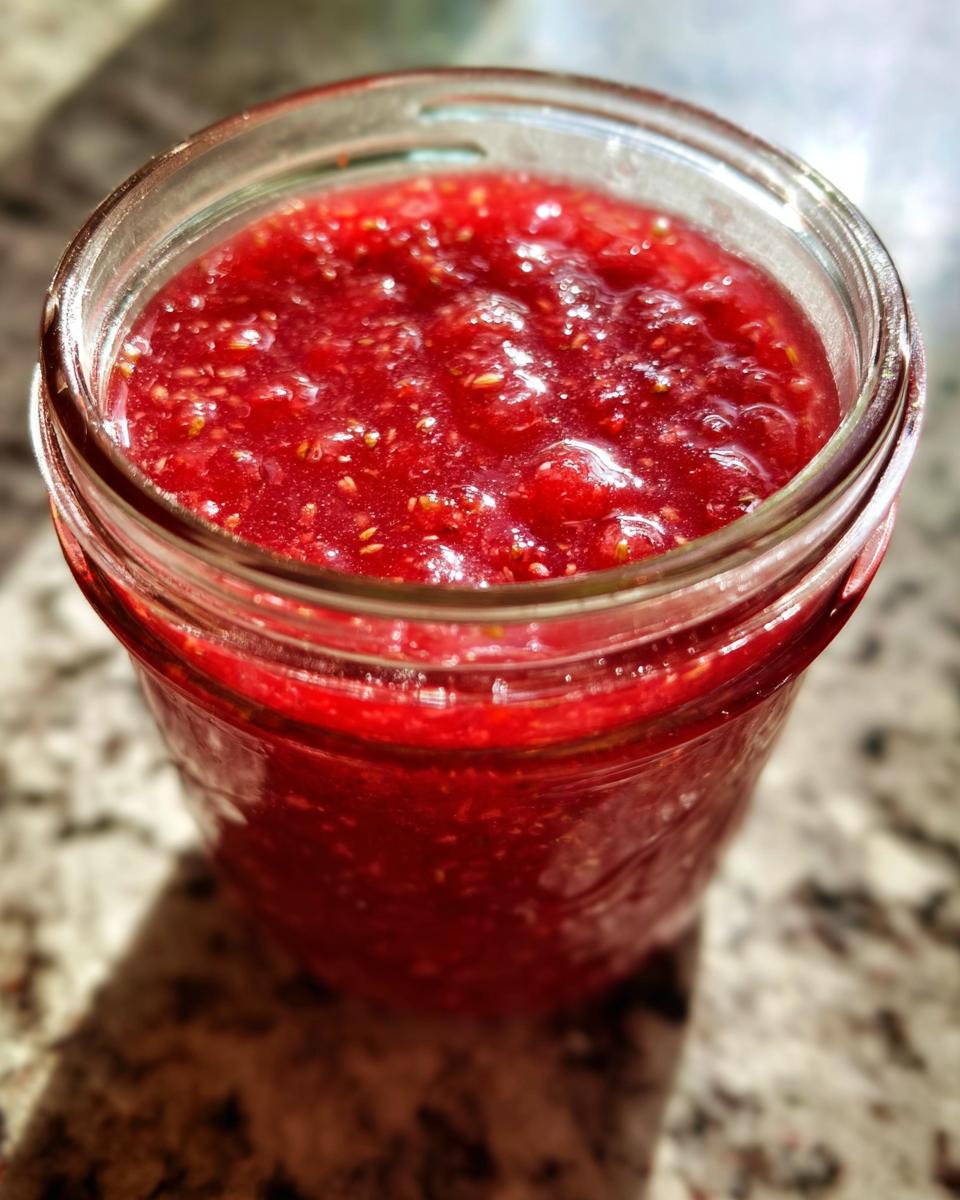 Close-up of bright red strawberry freezer jam texture inside a clear glass jar.
