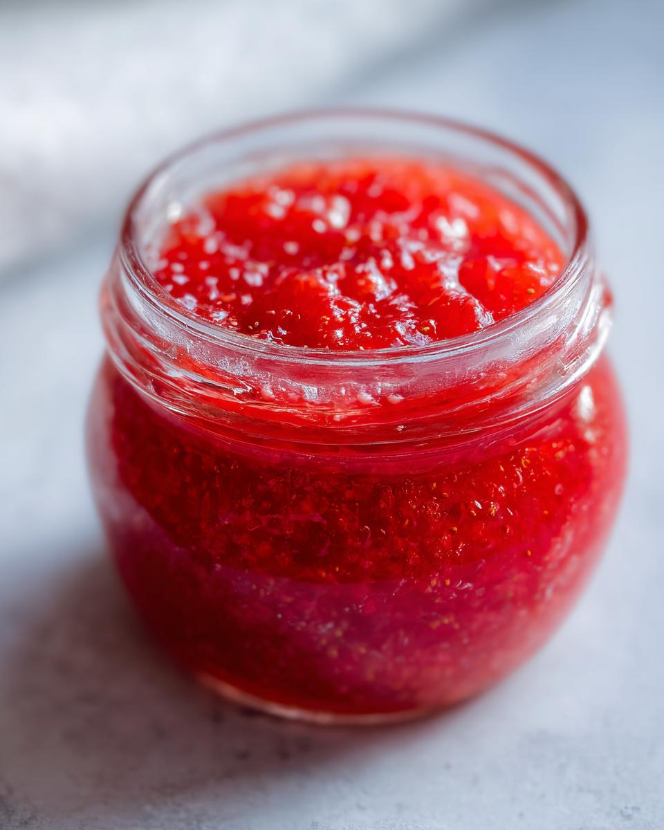 Close-up of a small glass jar filled with vibrant, chunky strawberry freezer jam.