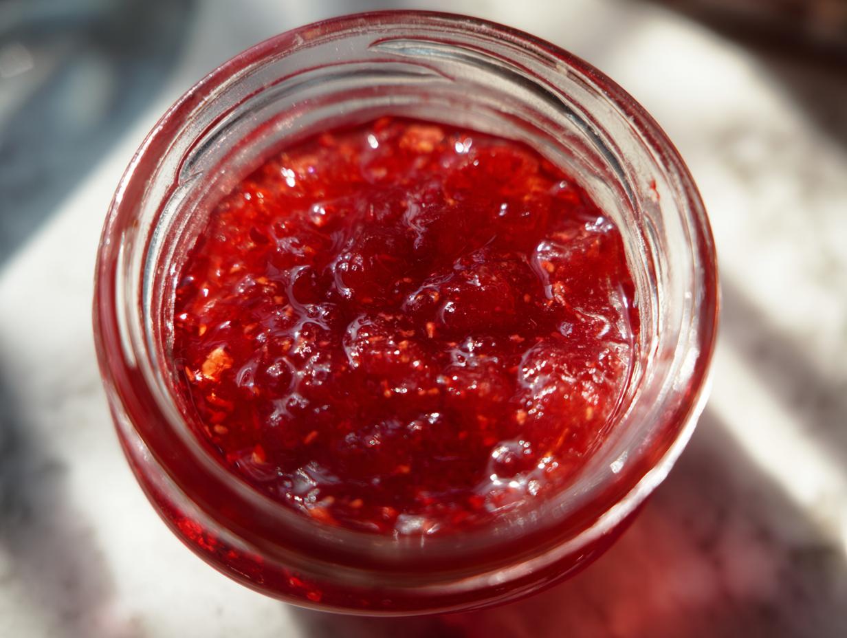 Overhead view of bright red, chunky strawberry freezer jam inside a clear glass jar.