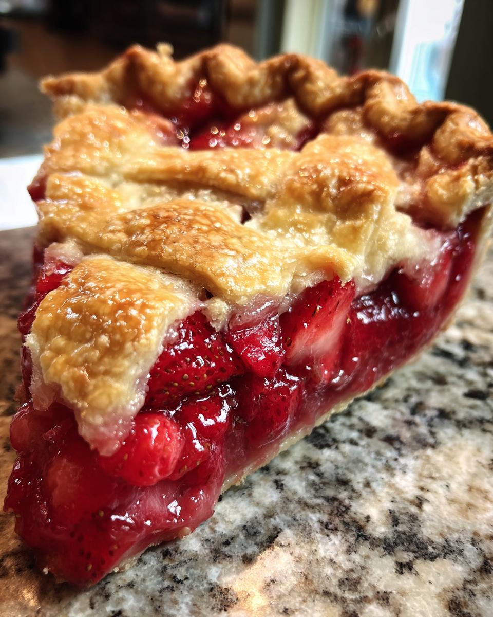 A close-up view of a thick slice of strawberry rhubarb pie showing juicy strawberry filling and a golden, flaky crust.