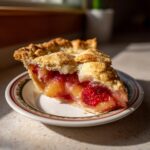 Close-up of a juicy slice of strawberry rhubarb pie showing the flaky crust and bright red filling.