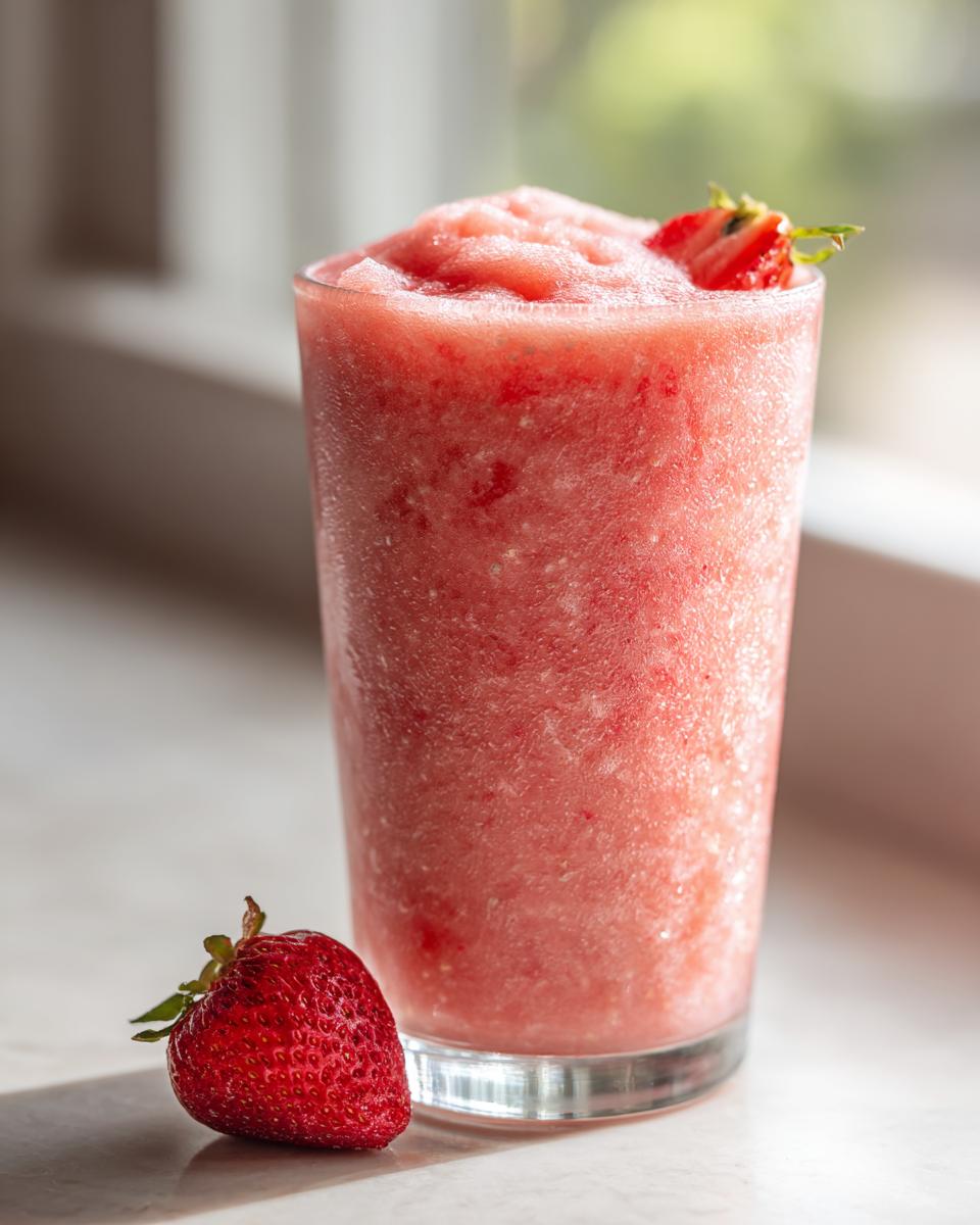 A tall glass filled with a thick, icy watermelon smoothie, garnished with a strawberry slice, next to a whole strawberry.