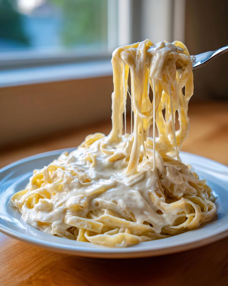 A fork lifting fettuccine noodles coated in thick, creamy Olive Garden Alfredo sauce, showing a delicious cheese pull.