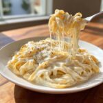A fork lifts fettuccine noodles coated in creamy Olive Garden Alfredo Sauce, showing a dramatic cheese pull.