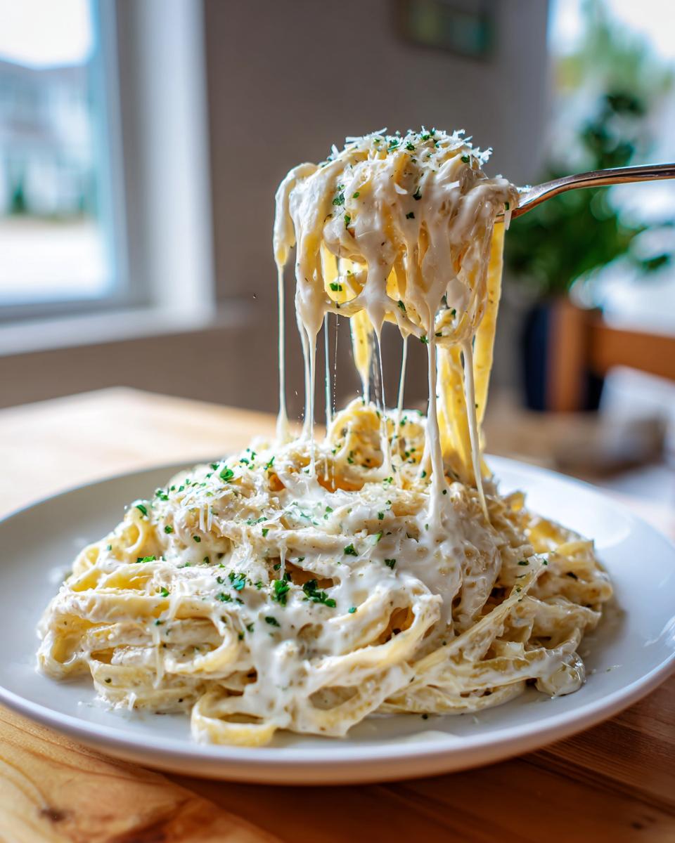 A fork lifting fettuccine noodles coated in rich, creamy Olive Garden Alfredo sauce, showing a cheese pull.