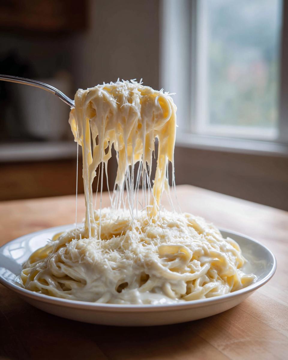 A fork lifts fettuccine coated in creamy Olive Garden Alfredo Sauce, showing long cheese stretches over a plate.