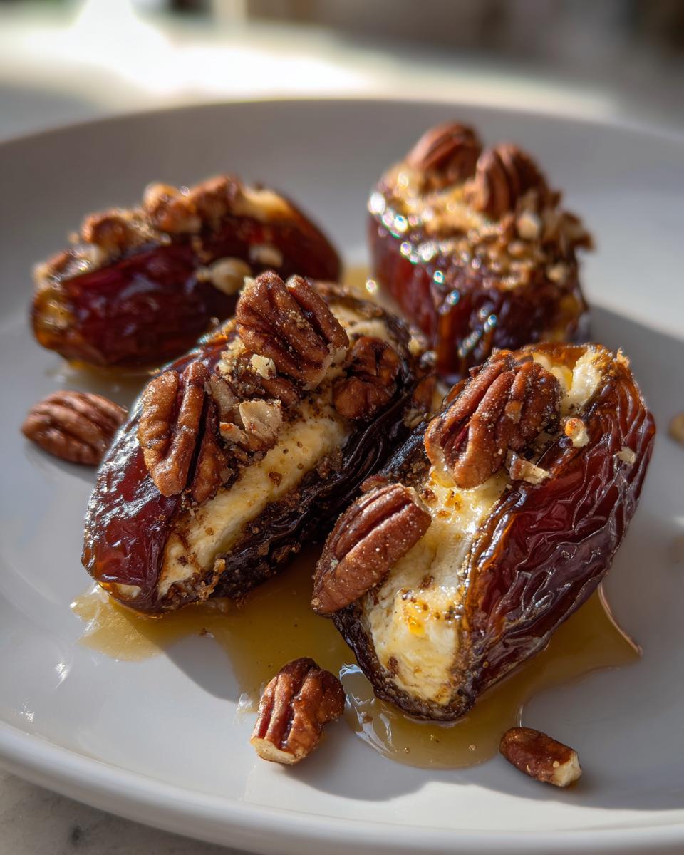 Four rich, dark stuffed dates filled with cream cheese and topped with pecans, drizzled with honey or syrup.