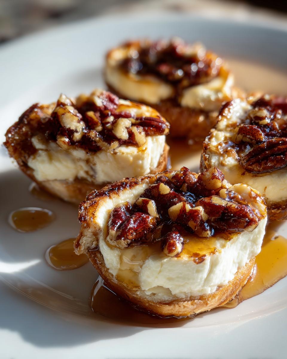Close-up of four appetizer servings of stuffed dates topped with creamy filling, candied pecans, and drizzled with honey.