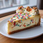 A decadent slice of sugar cookie cheesecake loaded with colorful sprinkles and topped with frosting.