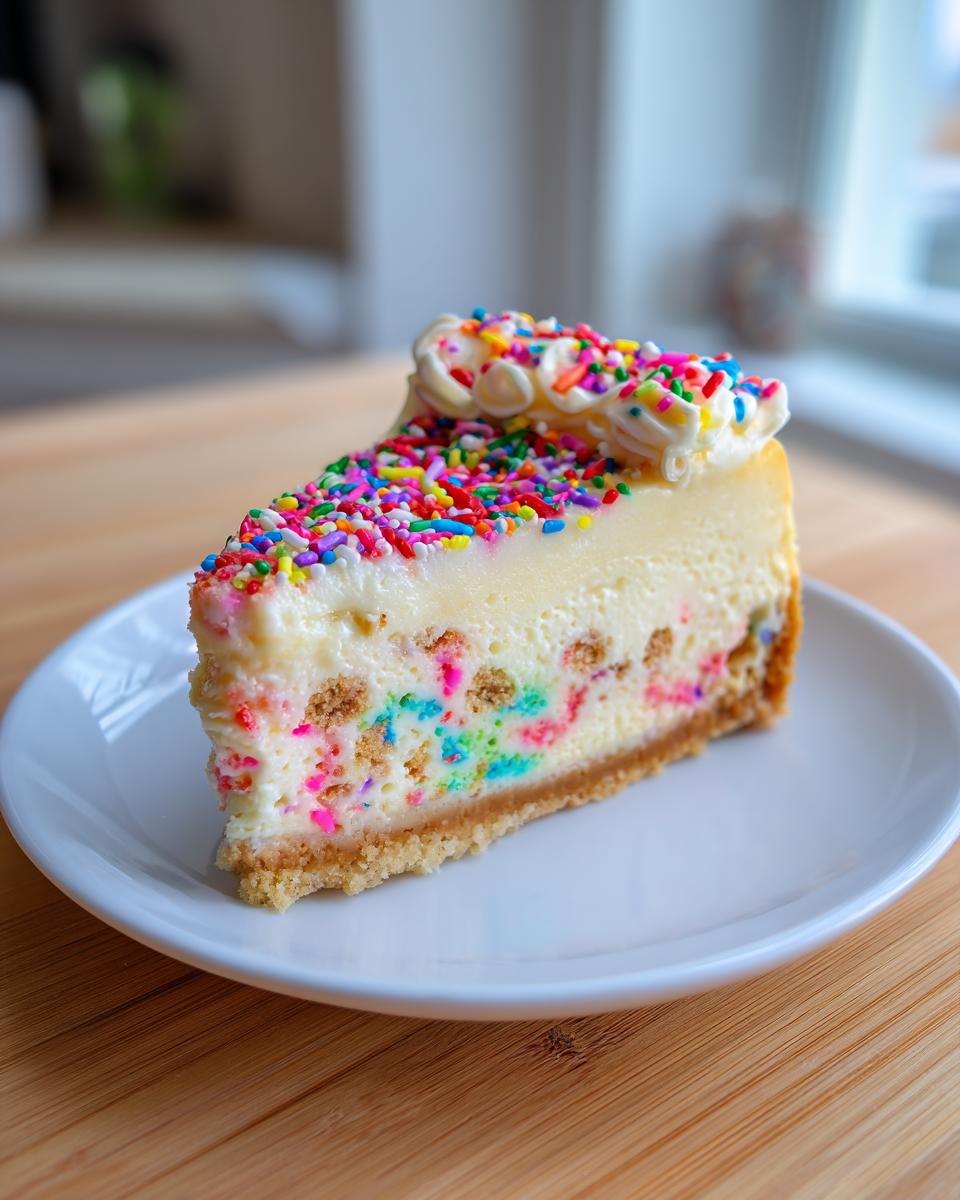 A perfect slice of sugar cookie cheesecake topped with colorful sprinkles and whipped cream.