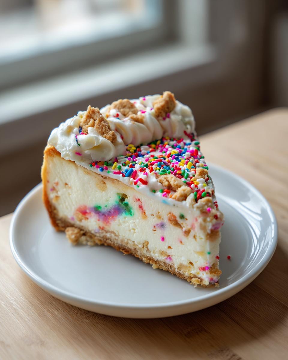 A decadent slice of sugar cookie cheesecake featuring colorful sprinkles baked inside and topped with frosting and cookie crumbles.