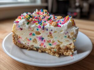 A generous slice of sugar cookie cheesecake featuring colorful sprinkles baked in and topped with whipped cream.