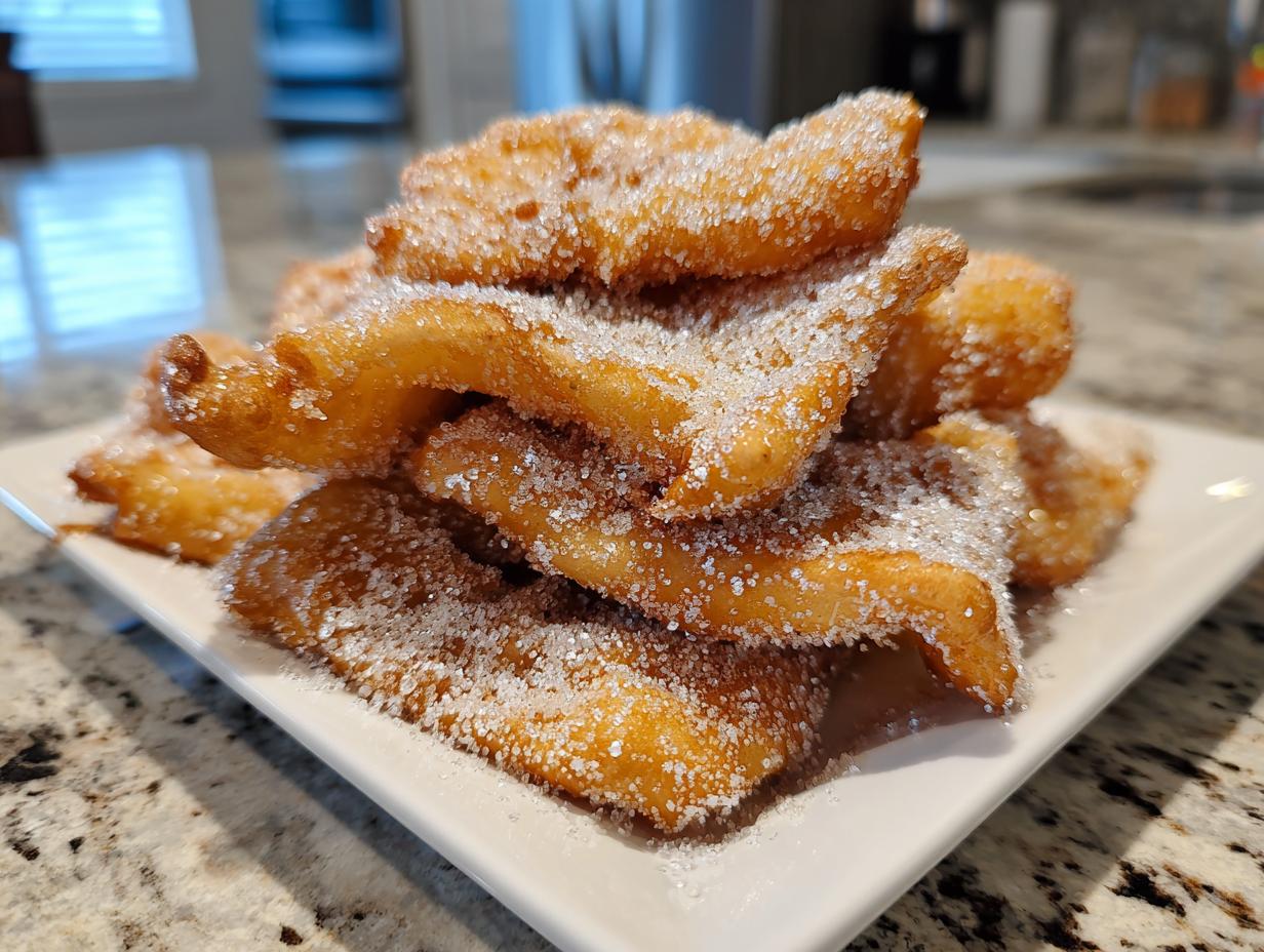 A close-up of a mound of freshly fried, golden buñuelos heavily coated in sparkling white sugar.