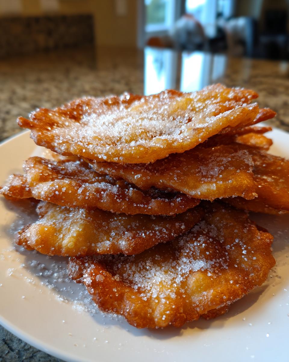 Close-up of a stack of golden brown, crispy buñuelos generously dusted with granulated sugar.