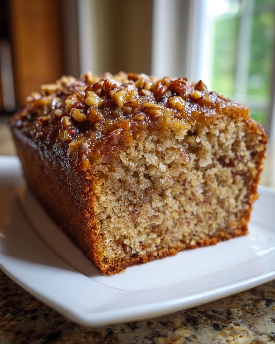 A slice of moist sweet alabama pecan bread loaf topped with a sticky pecan glaze, resting on a white plate.