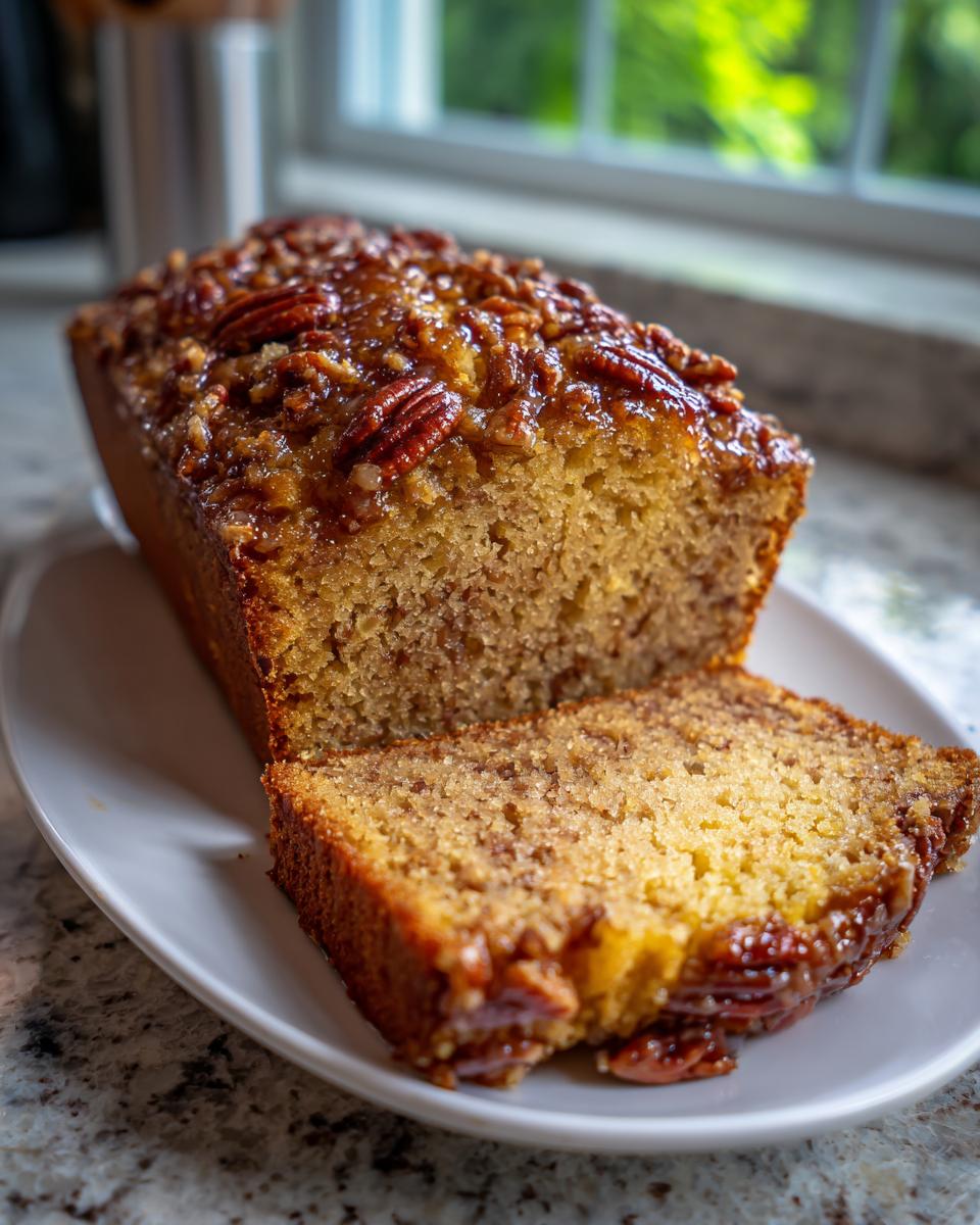A sliced loaf of sweet Alabama pecan bread with a sticky, glazed pecan topping, resting on a white plate.