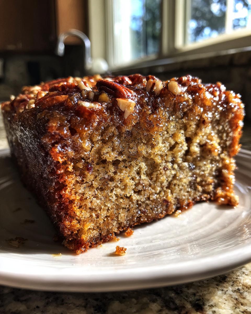 Close-up of a moist, glazed slice of Sweet Alabama Pecan Bread topped with pecans on a white plate.