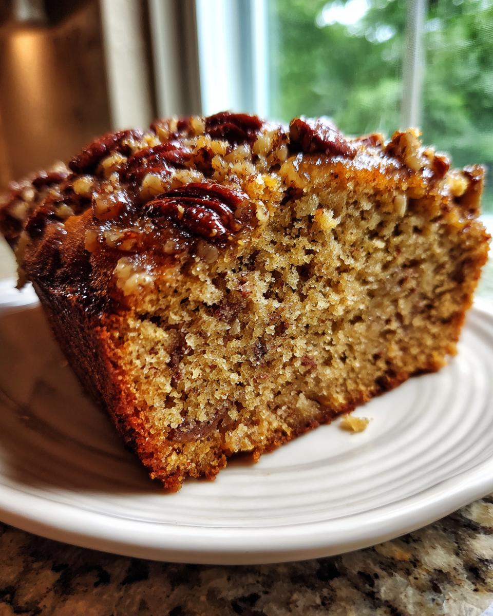 Close-up of a moist slice of sweet Alabama pecan bread topped with glazed pecans.