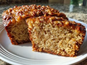 Close-up of a slice of moist sweet Alabama pecan bread showing the crumb texture and sticky pecan topping.