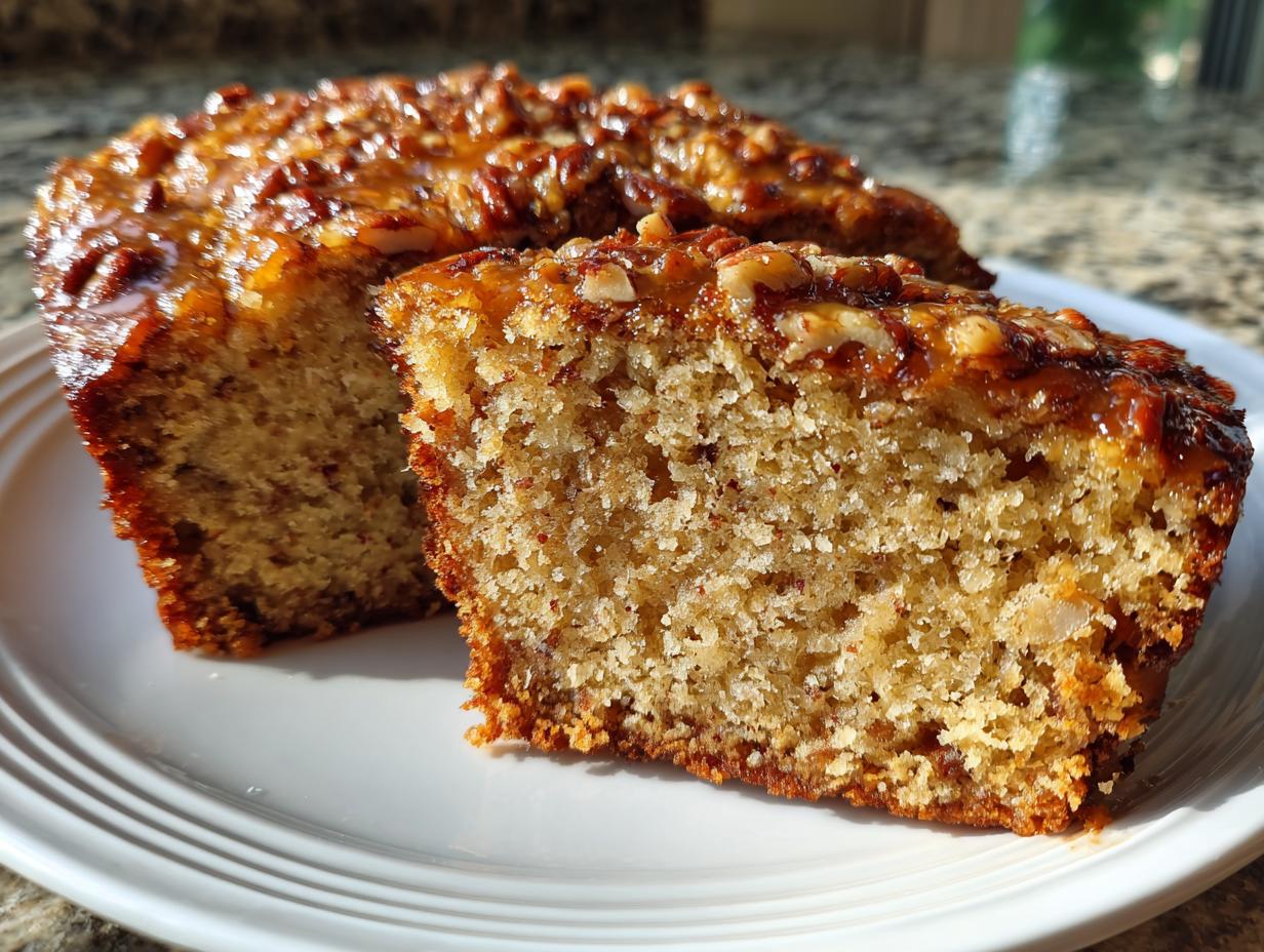Close-up of a slice of moist sweet Alabama pecan bread showing the crumb texture and sticky pecan topping.