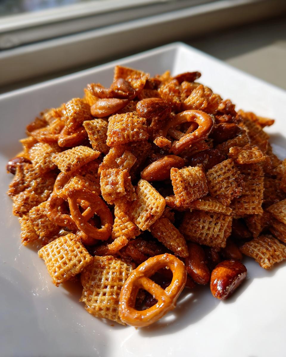 A close-up of a mound of glazed chex party mix featuring Chex cereal squares, pretzels, and nuts on a white plate.
