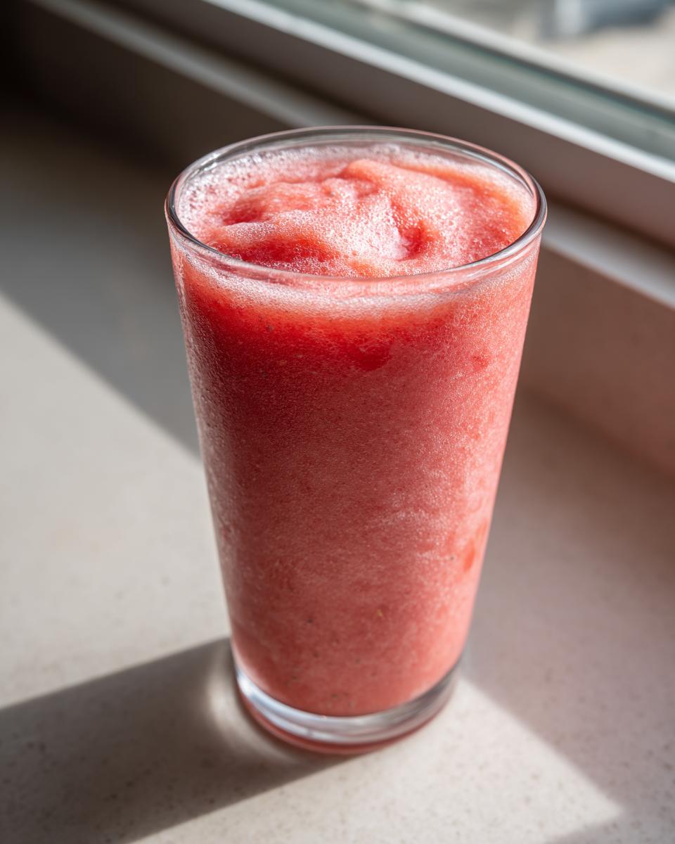 A tall glass filled with a thick, icy watermelon smoothie sitting on a light countertop near a window.
