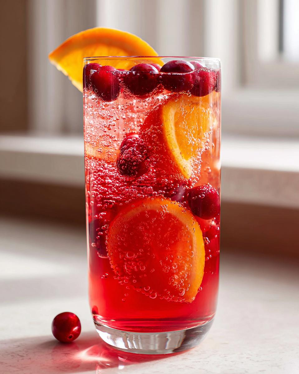 Close-up of a tall glass filled with bubbly red thanksgiving punch, garnished with orange slices and fresh cranberries.