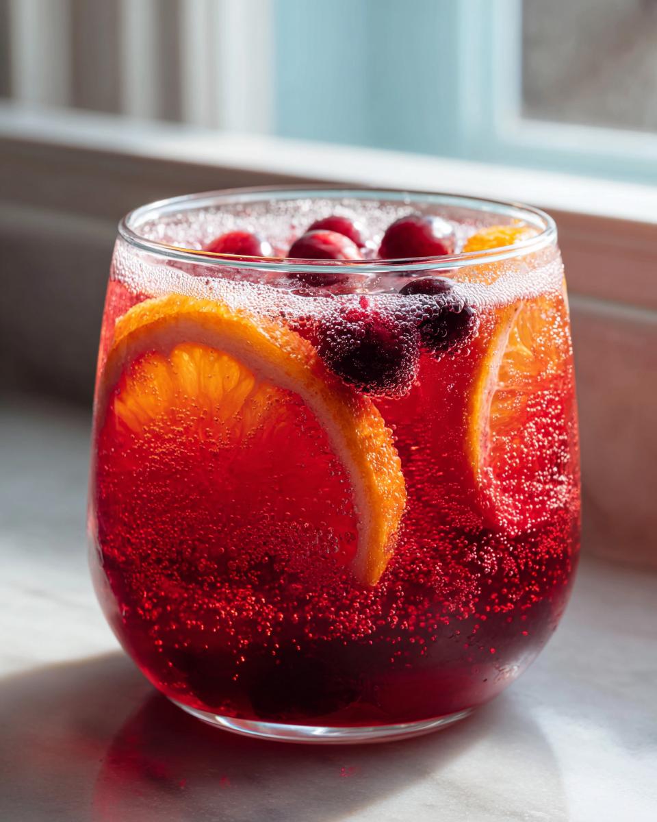 Close-up of a glass filled with bubbly, deep red thanksgiving punch garnished with fresh cranberries and orange slices.