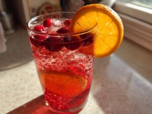 Close-up of a glass filled with fizzy red Thanksgiving punch, ice, fresh cranberries, and an orange slice garnish.