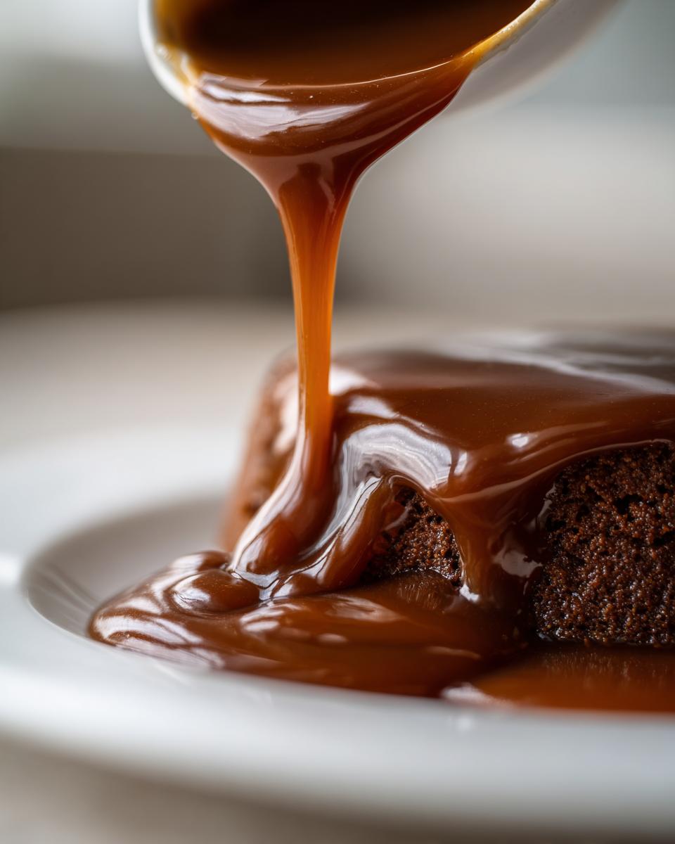 Close-up of thick, glossy homemade brown gravy being poured from a white ladle onto a dark cake or pudding.