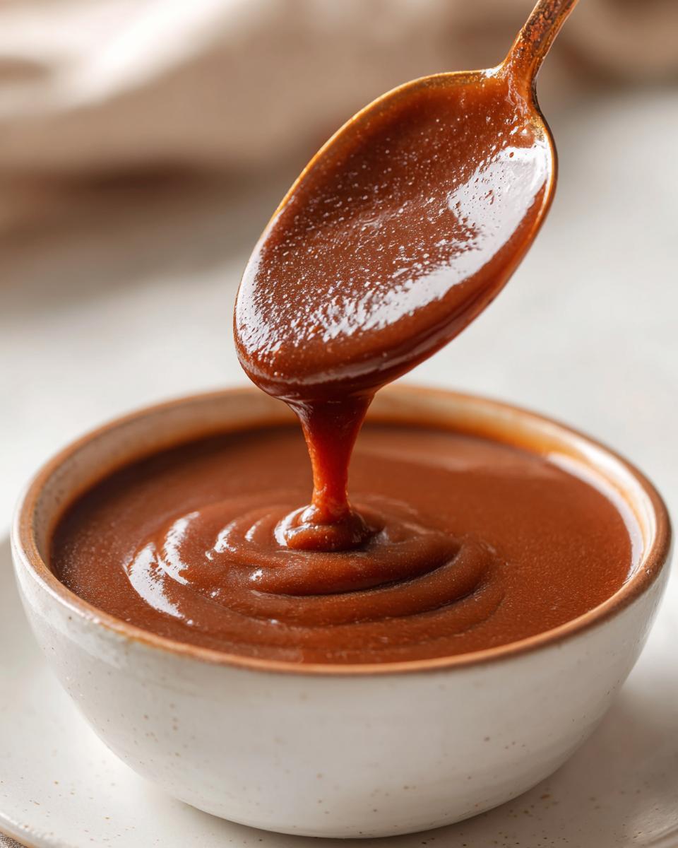 Close-up of thick homemade brown gravy dripping from a spoon back into a small bowl, showing perfect consistency.