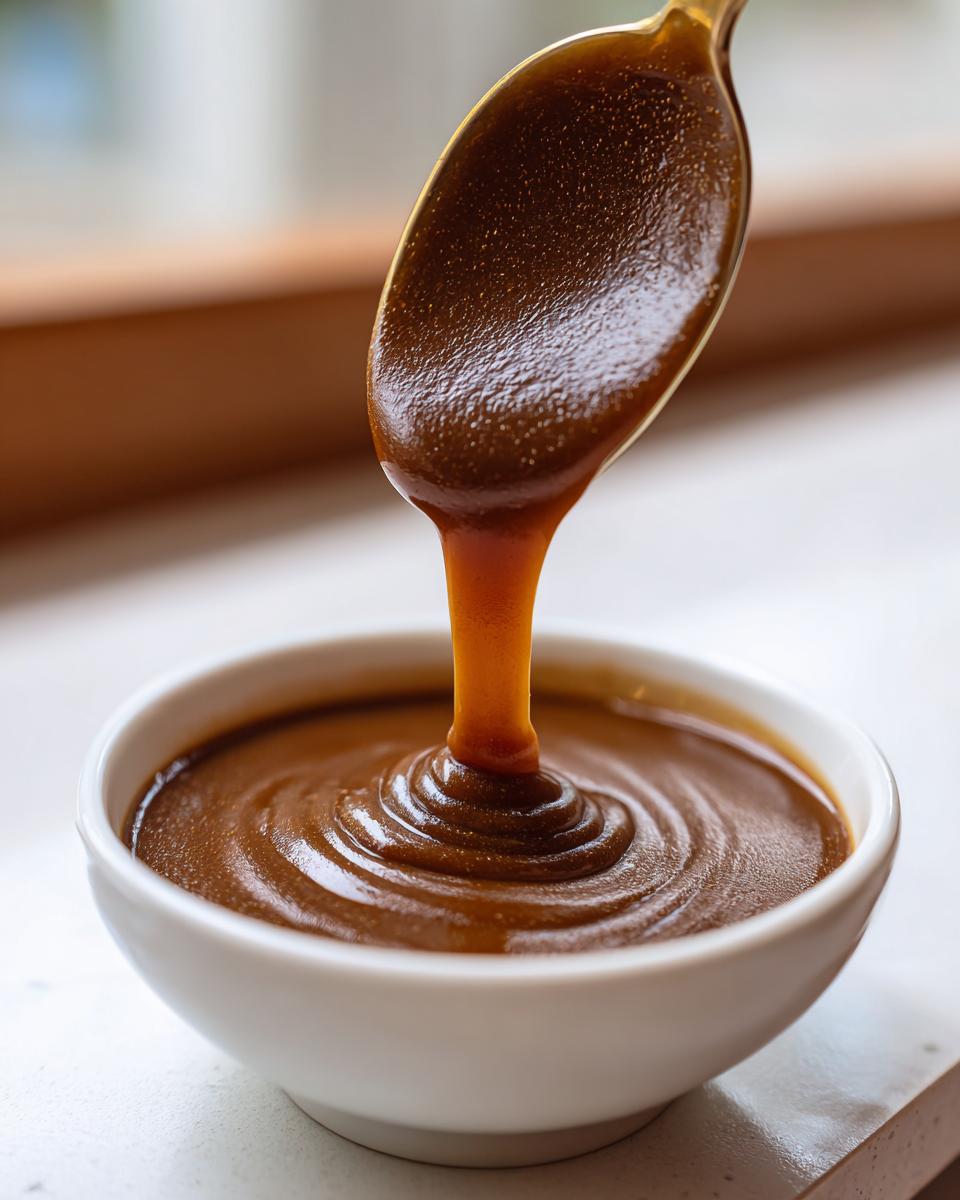 A spoonful of thick, rich homemade brown gravy dripping into a white bowl, showing perfect consistency.